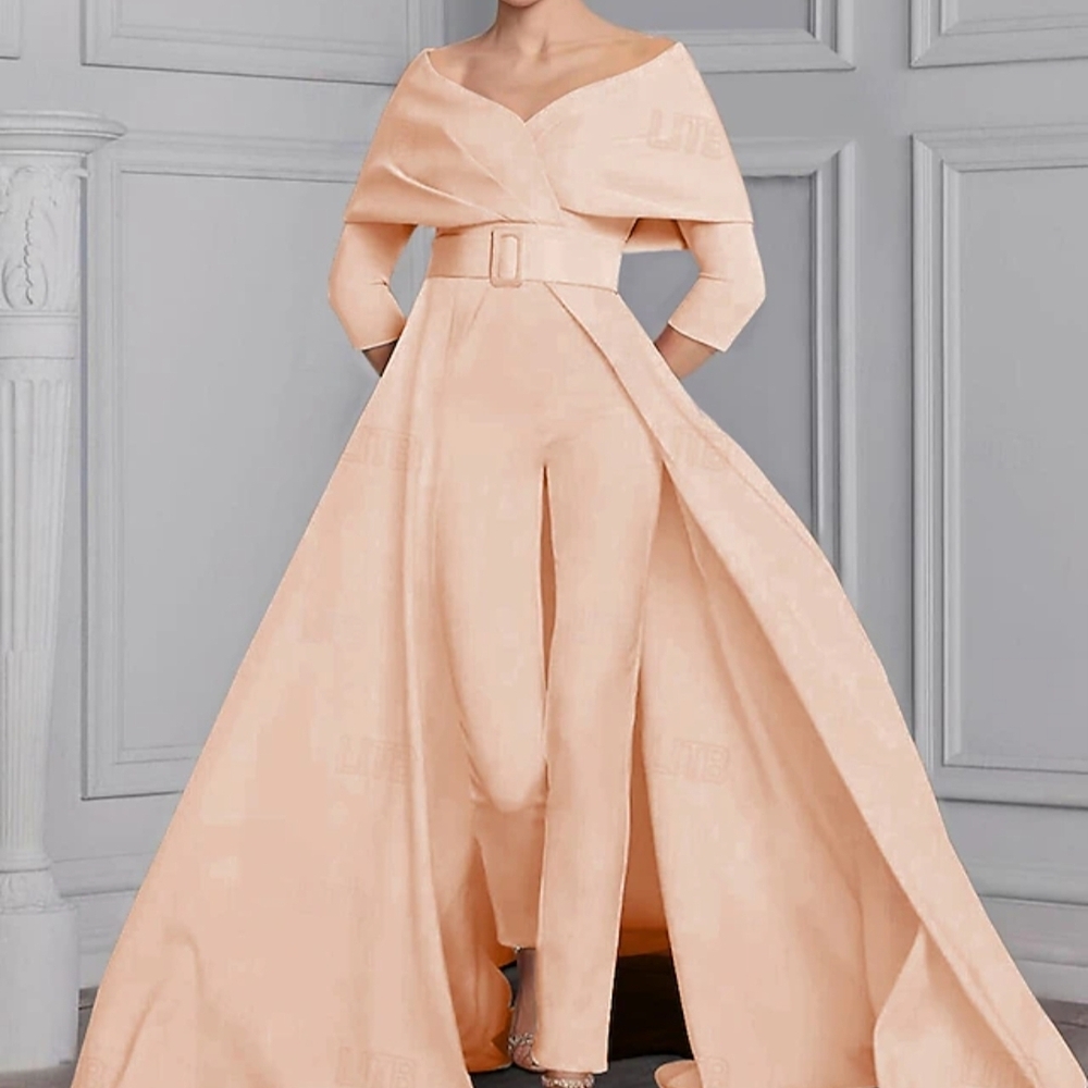 Off-Shoulder Peach Jumpsuit with Dramatic Cape